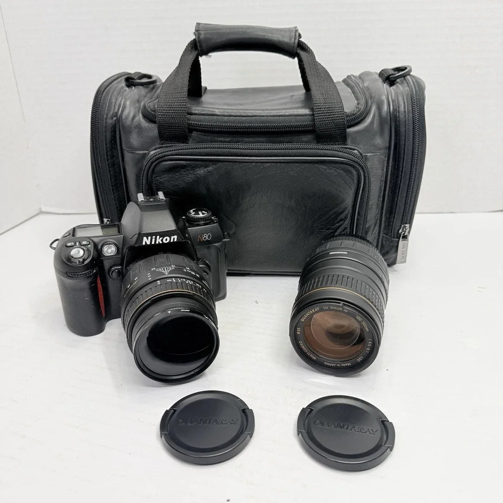 Nikon N80 35mm Film Camera Kit 2 Lenses Filters Bag Tested Working